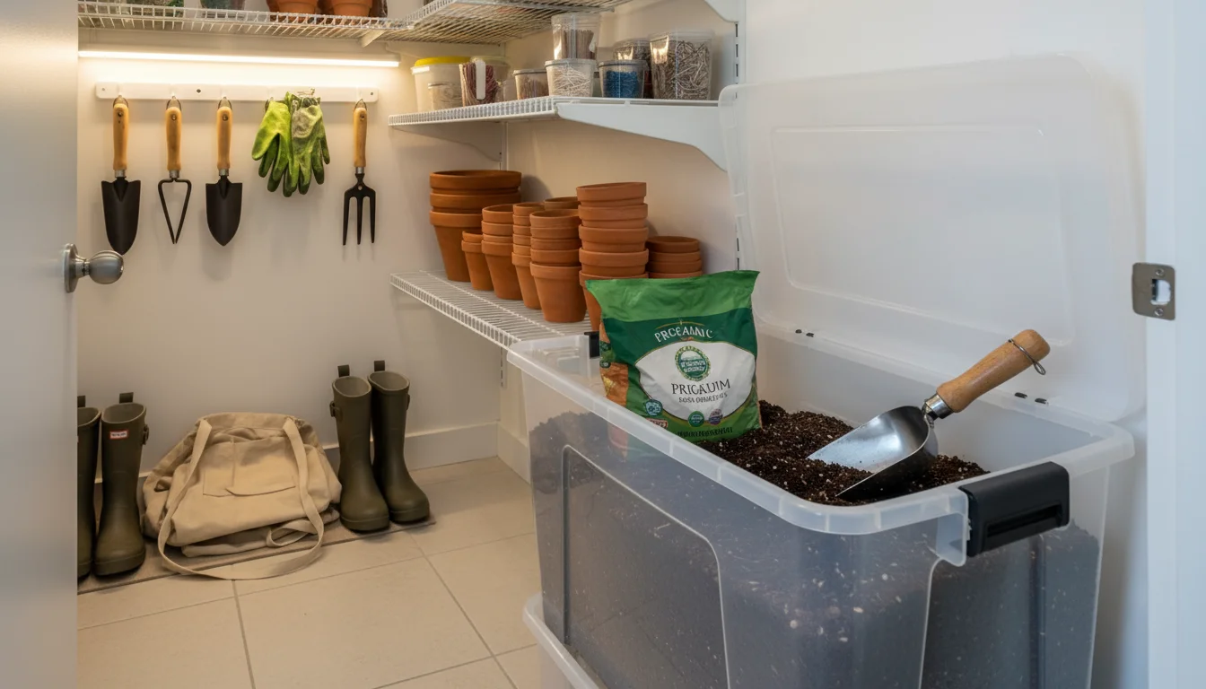 Clear plastic storage bin with open potting soil bag, gardening scoop, nested terracotta pots, and a seed tray neatly stored in an apartment nook.