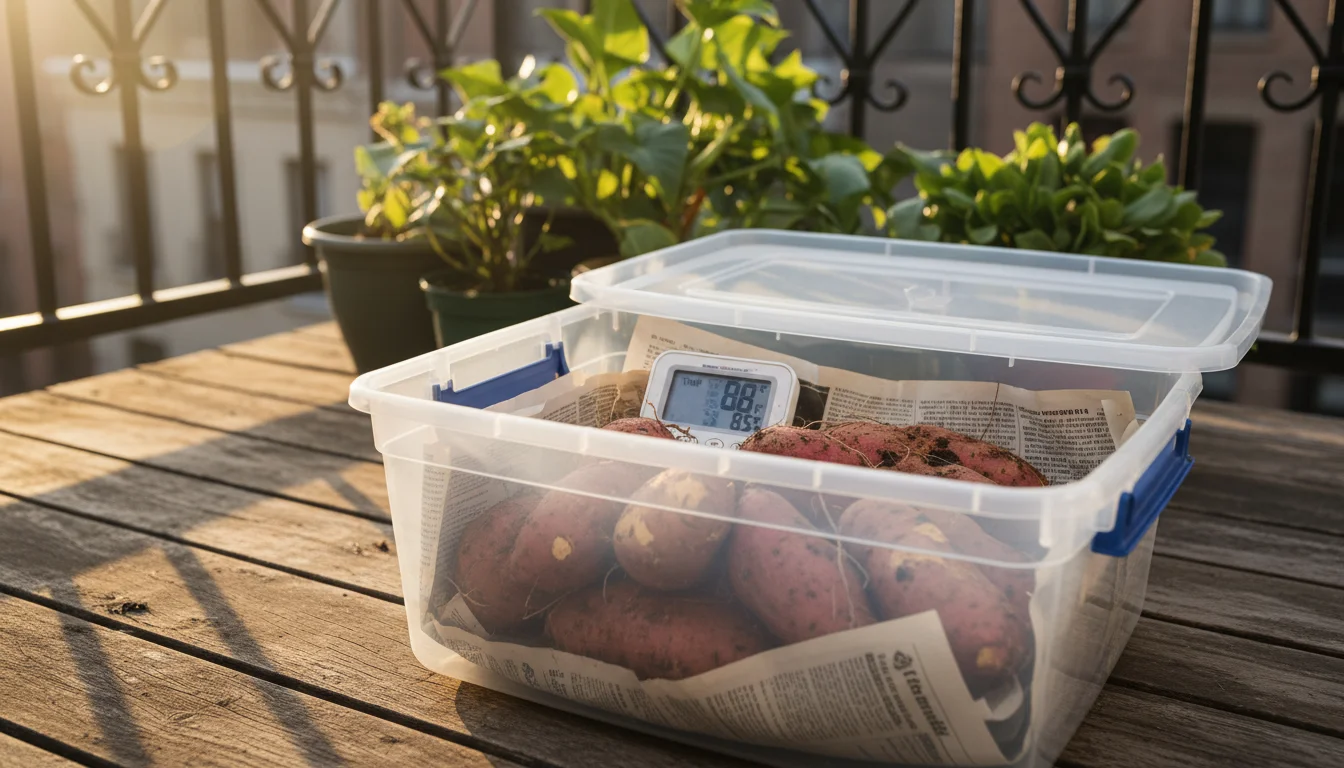 Clear plastic storage bin on a patio, lid slightly open, revealing sweet potatoes and a digital thermometer.
