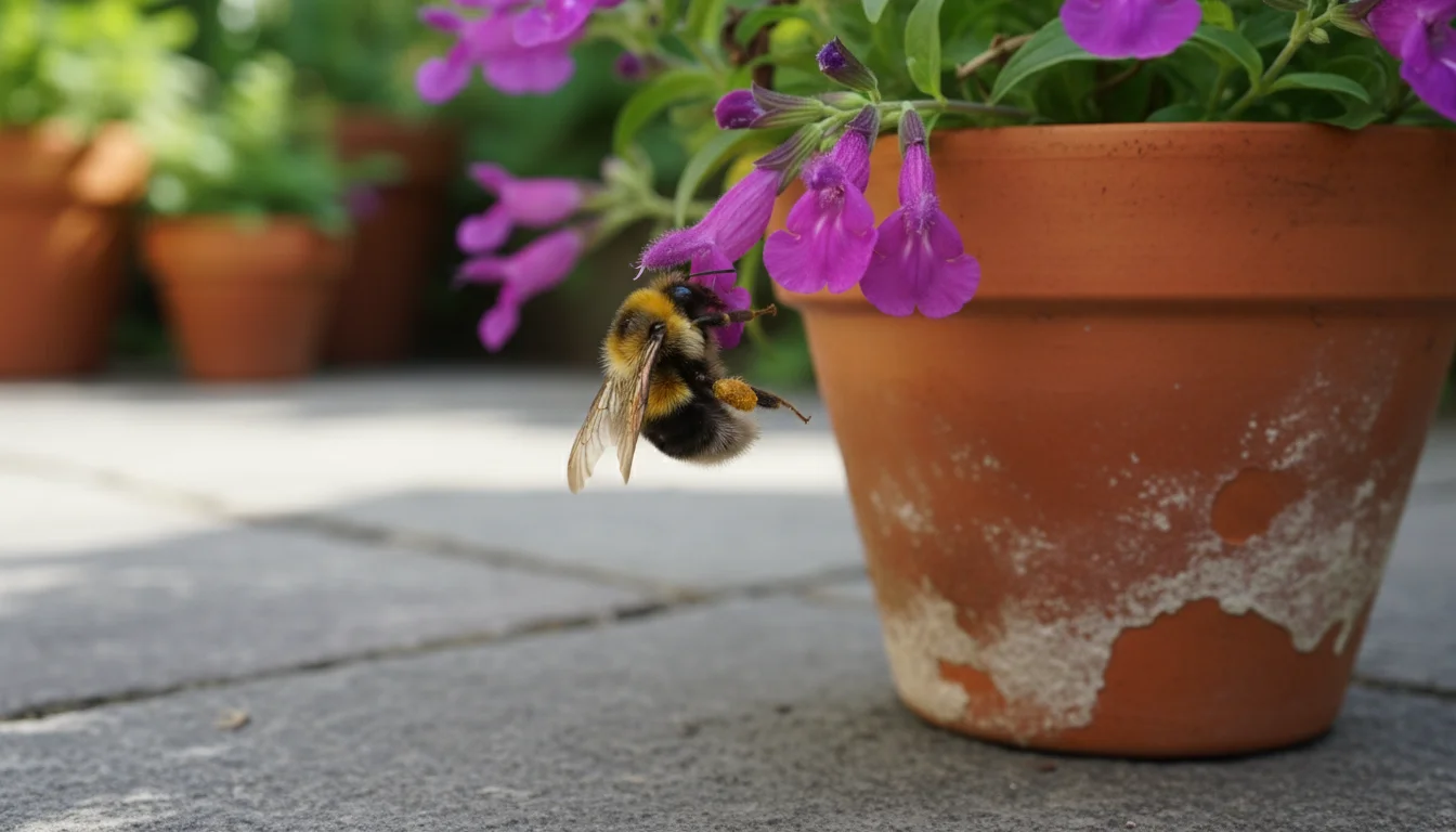 A plump bumblebee actively foraging on vibrant purple-pink salvia flowers in a terracotta pot on a sunny patio.