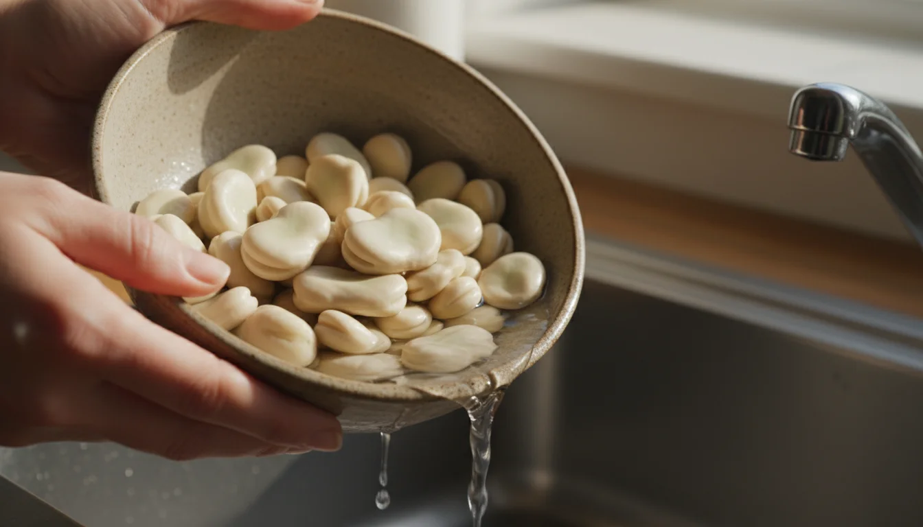 Close-up of plump, soaked fava bean seeds in a rustic ceramic bowl. Bare hands gently drain water, preparing seeds for planting.