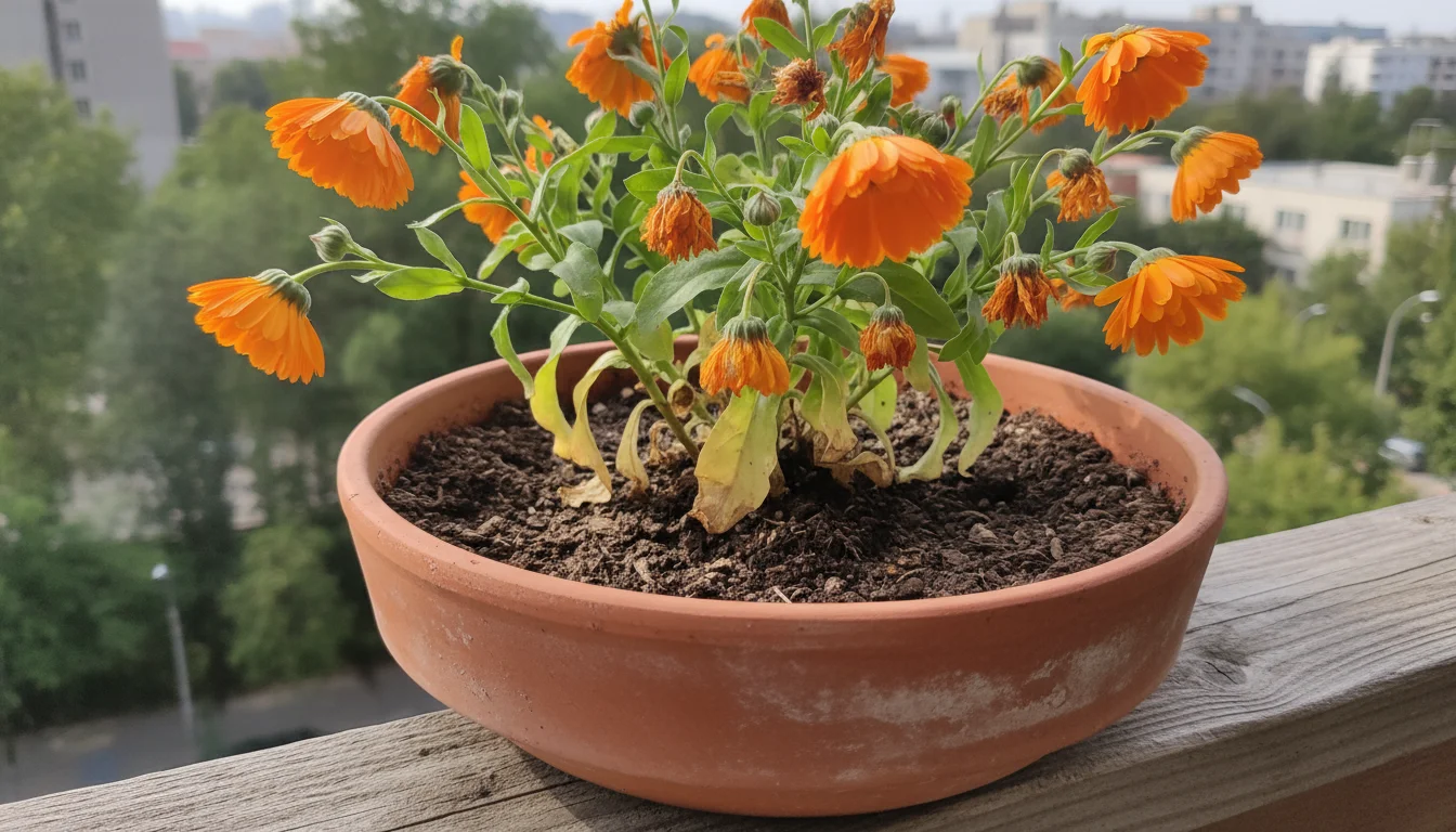 A pot of calendula flowers on a balcony railing, showing visibly droopy and yellowing leaves, indicating plant stress.