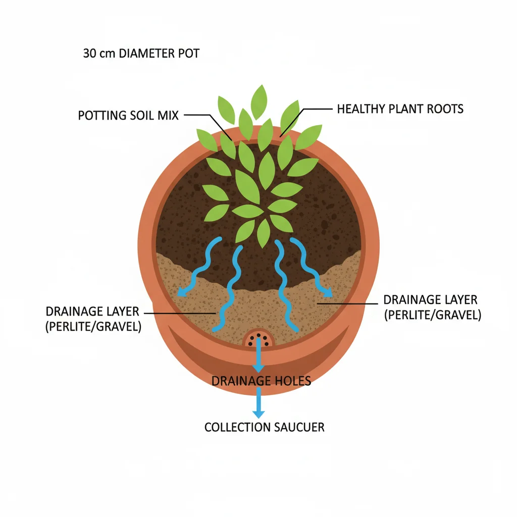 30cm pot cross-section: drainage holes, gravel layer, soil, plant roots. Arrows show water draining down.