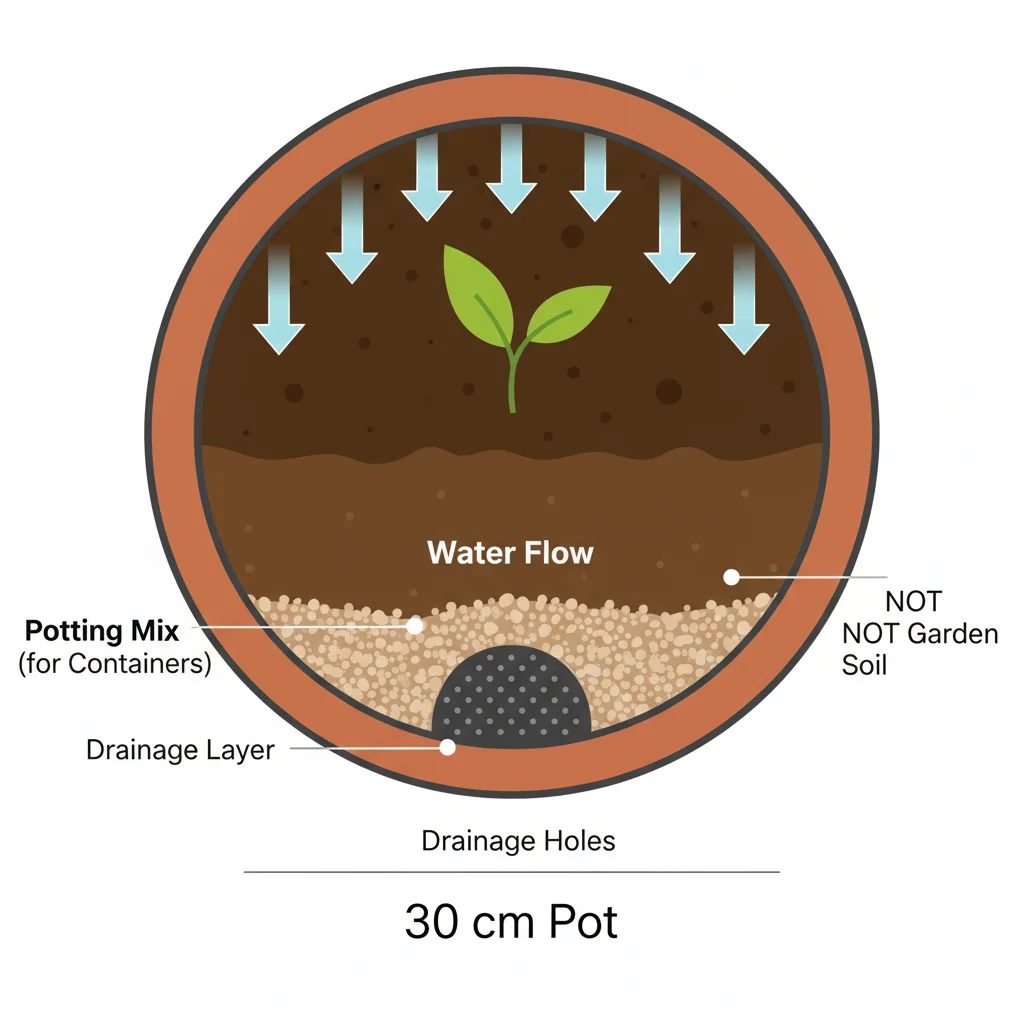 30cm pot cross-section: drainage layer at base, water flow arrows, &