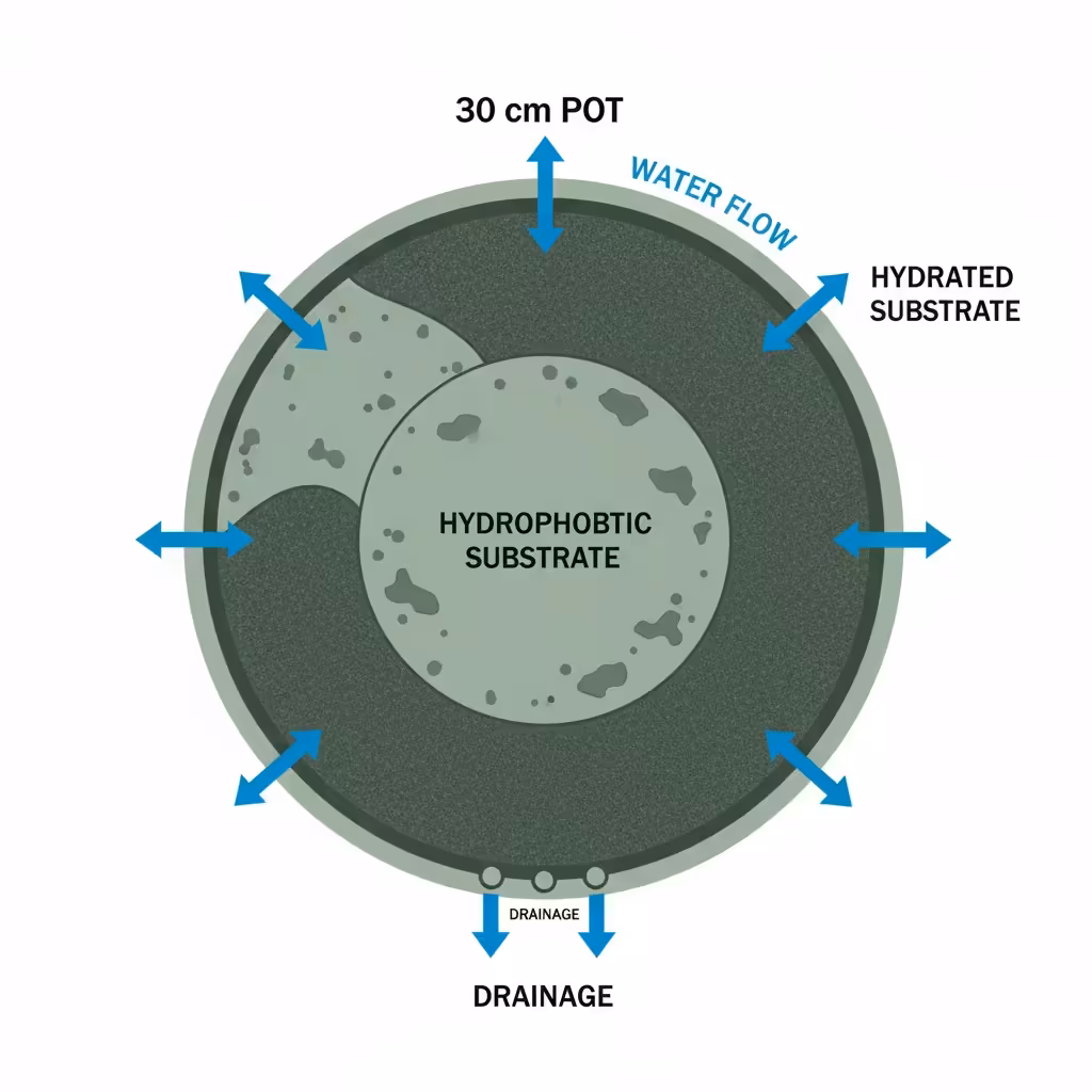 30 cm pot diagram: Arrows show water draining through soil, then out drainage holes at the pot's base.