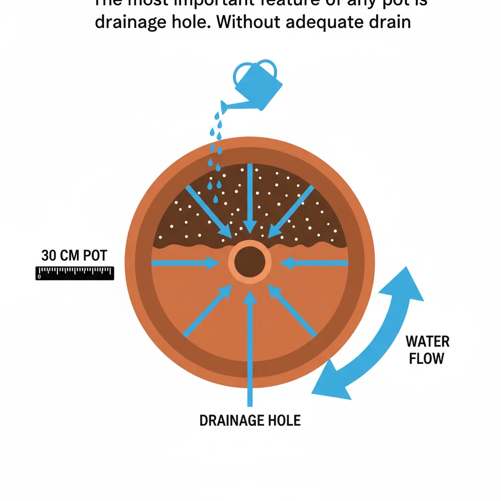30cm pot diagram showing drainage hole at the base; arrows indicate water flow out of the hole.