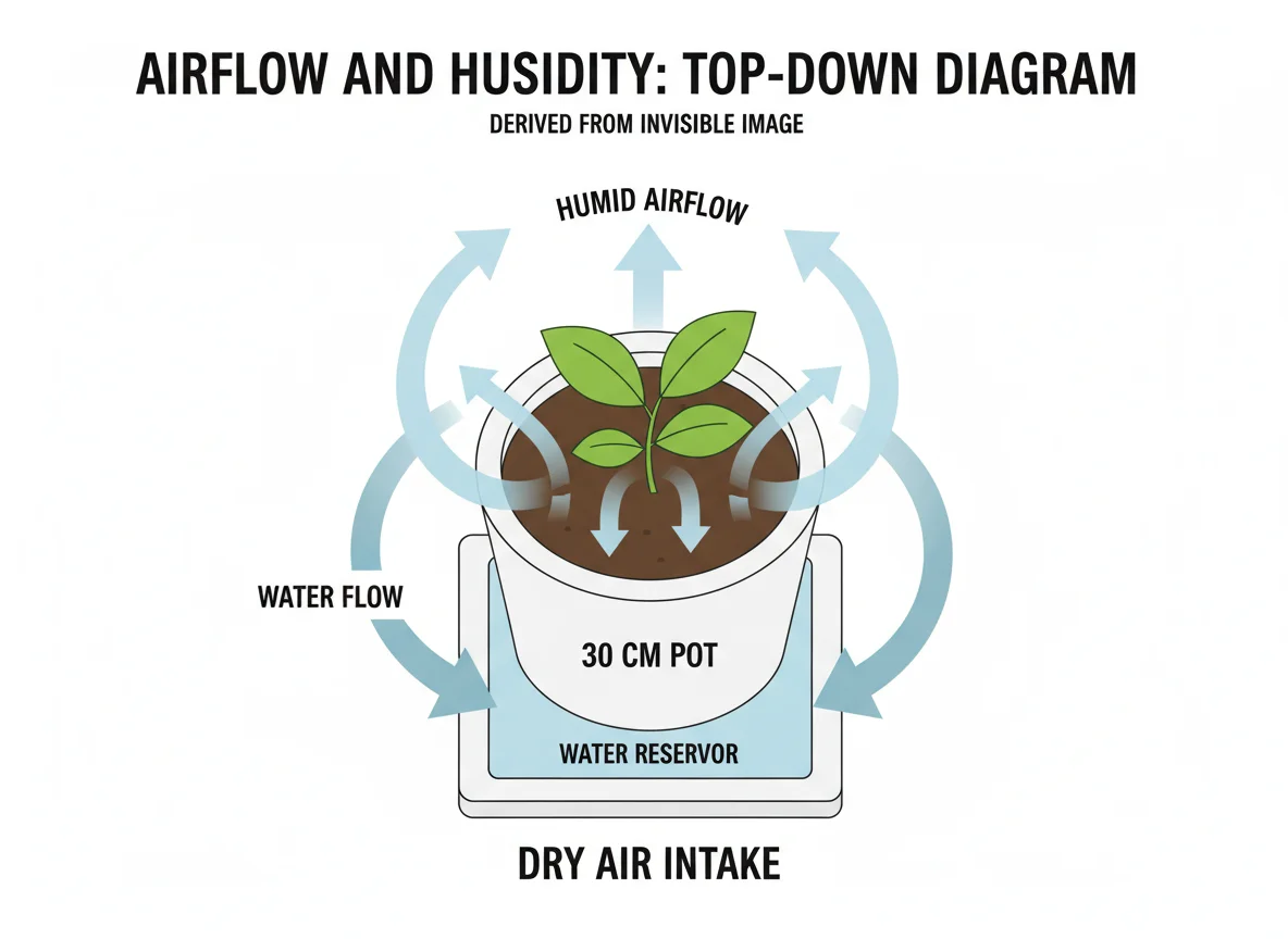 30cm pot diagram: Water flows down through soil, exiting drainage holes.