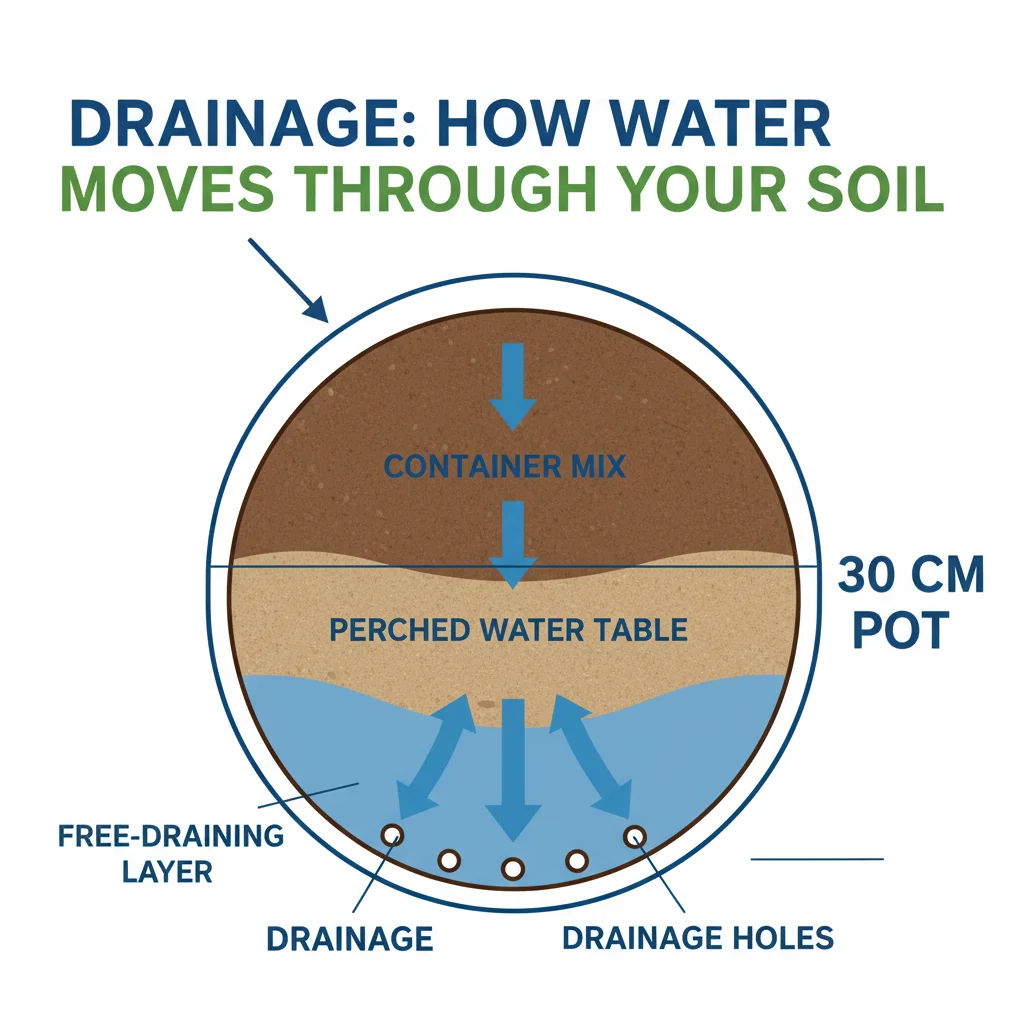 30cm pot drainage diagram: arrows show water flowing through soil, out the drainage holes.