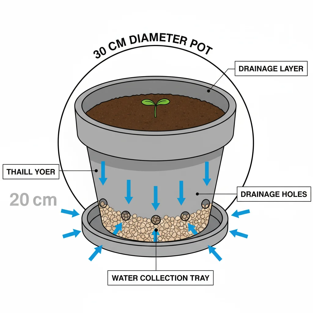 30cm pot drainage diagram: Water flows down through soil, gravel, and drainage holes. Labels indicate each layer.