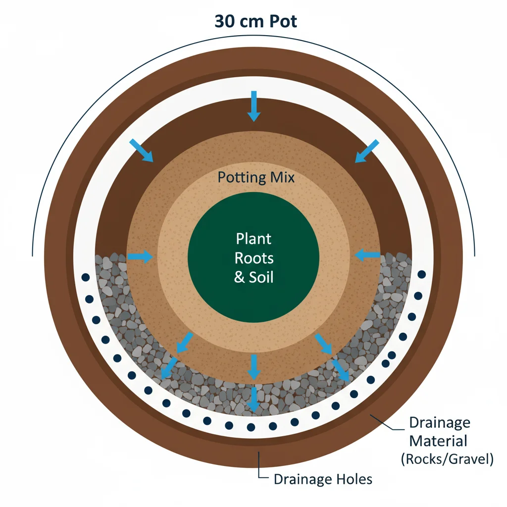 30cm pot drainage diagram: water flows down through soil, then out drainage material (rocks) at pot's bottom.