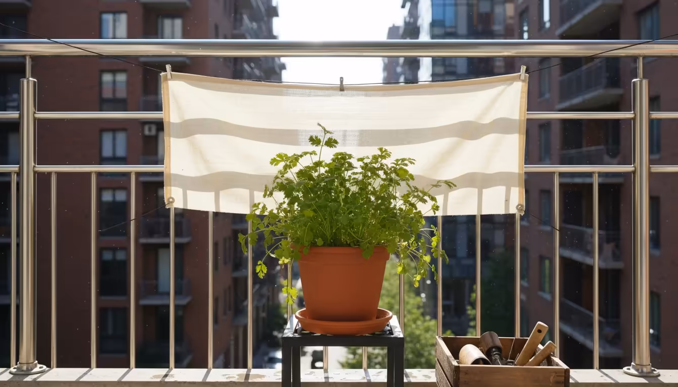 A pot of healthy cilantro sits on a balcony, protected by a light beige shade cloth from intense afternoon sun, showing smart container gardening.