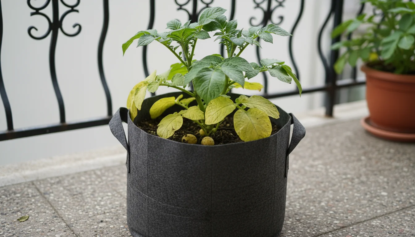 Potato plant in a grey fabric grow bag on a balcony, showing distinct yellowing on its lower leaves, indicating a nutrient deficiency.