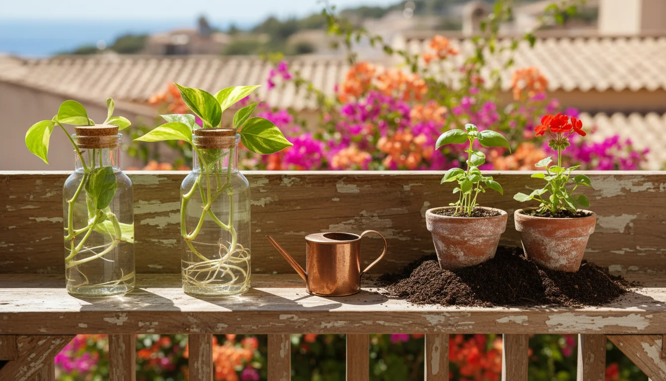 Pothos and Coleus cuttings with visible roots in glass jars of water, next to Impatiens and Geranium cuttings in soil in terracotta pots on a sunny ba