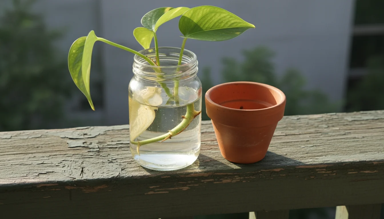 A close-up of a Pothos cutting in a glass jar on a balcony railing, showing yellow lower leaves next to an empty terracotta pot.