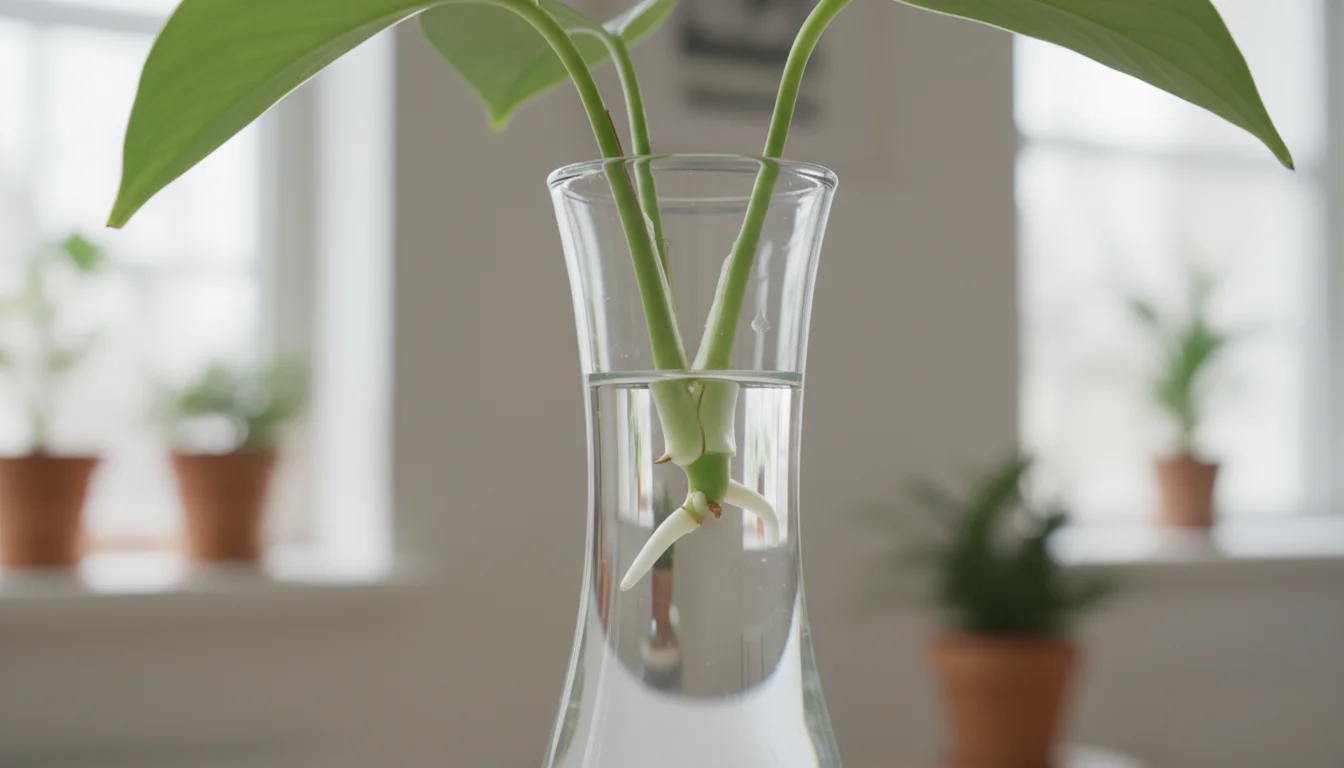 Close-up of a Pothos cutting in a clear glass vase, showing tiny white root nubs emerging from a node.