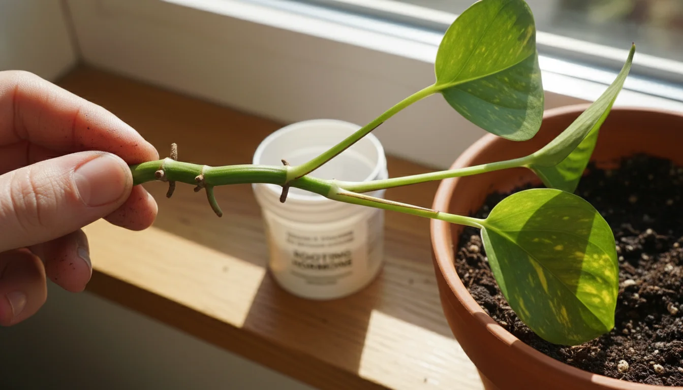Close-up of a Pothos cutting held by fingers, showing a bare stem with exposed nodes and two leaves, next to rooting hormone.