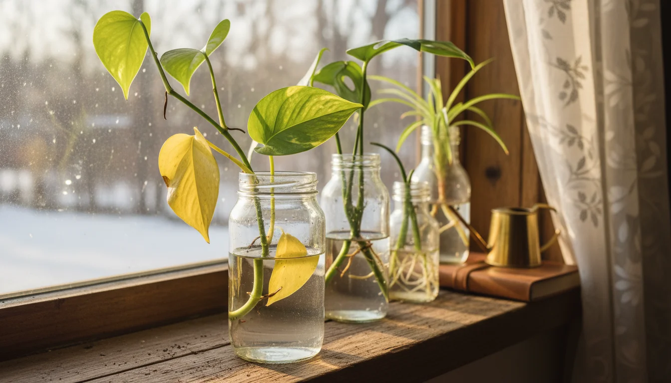 A Pothos cutting with two yellow lower leaves sits in a glass jar on a sunny wooden windowsill, surrounded by other plant cuttings and an empty terrac