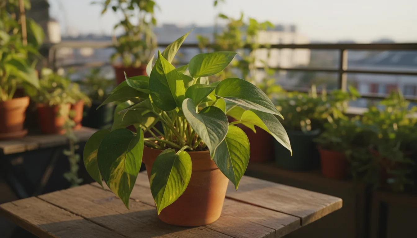 A Pothos houseplant with a visible layer of dust on its green leaves, sitting in a terracotta pot on a wooden table on a balcony.