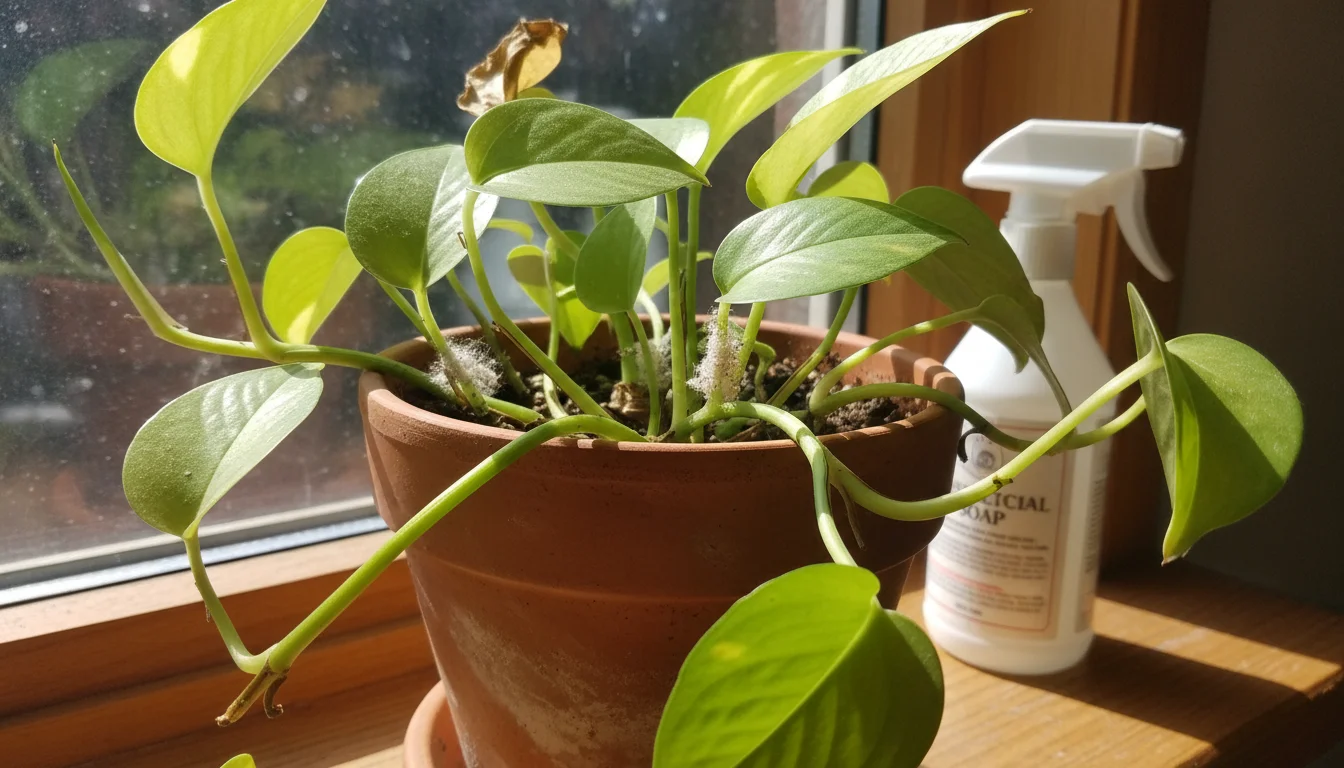 Close-up of Pothos leaves with small white mealybugs. A partially used spray bottle is out of focus in the background.