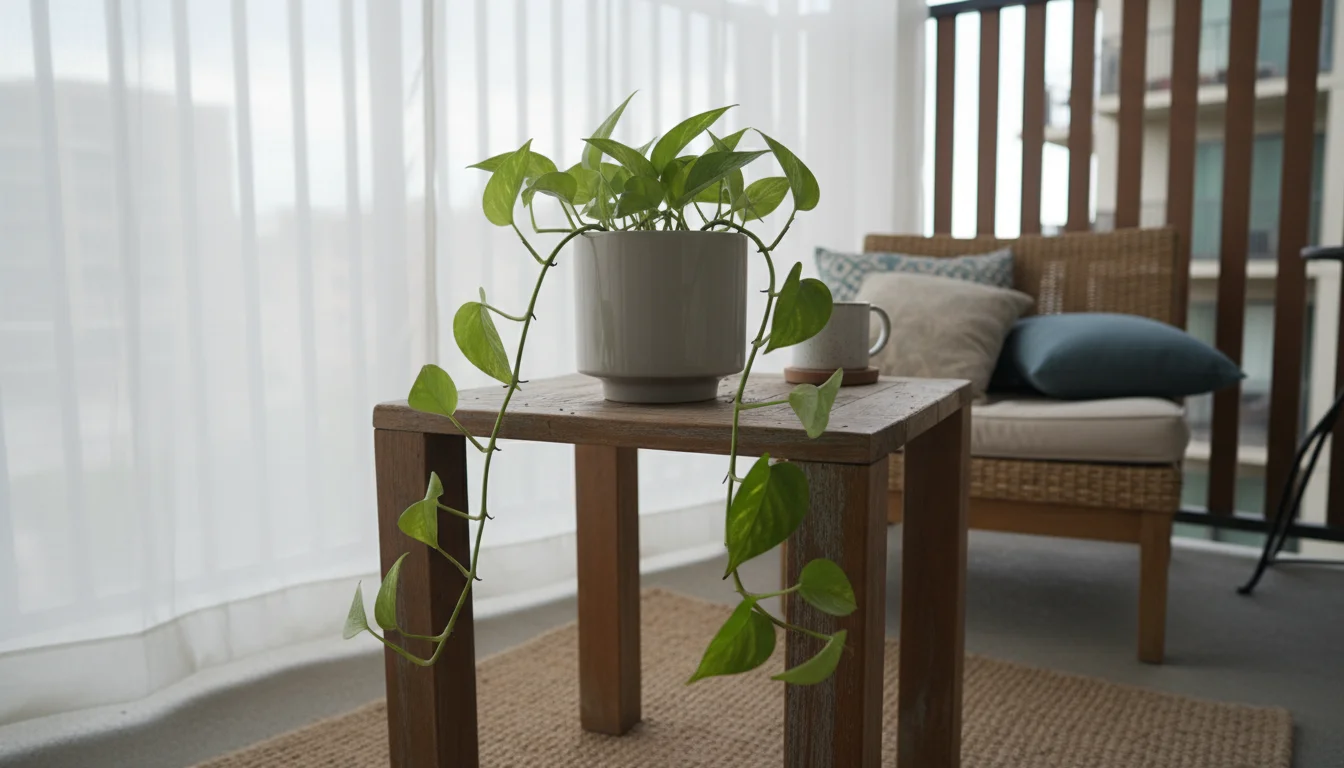 A Pothos plant in a grey ceramic pot on a teak table on a balcony, receiving soft, dappled, indirect sunlight.