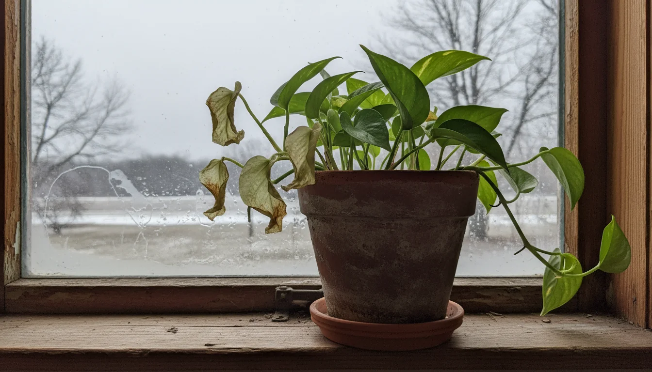 Pothos plant in a pot with curled, limp leaves near a window, showing cold stress from a draft. Grey winter sky visible outside.