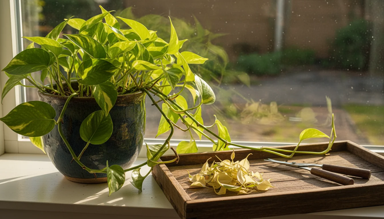 Pothos plant in a pot with pruned yellow leaves and leggy stems on a tray next to small snips.