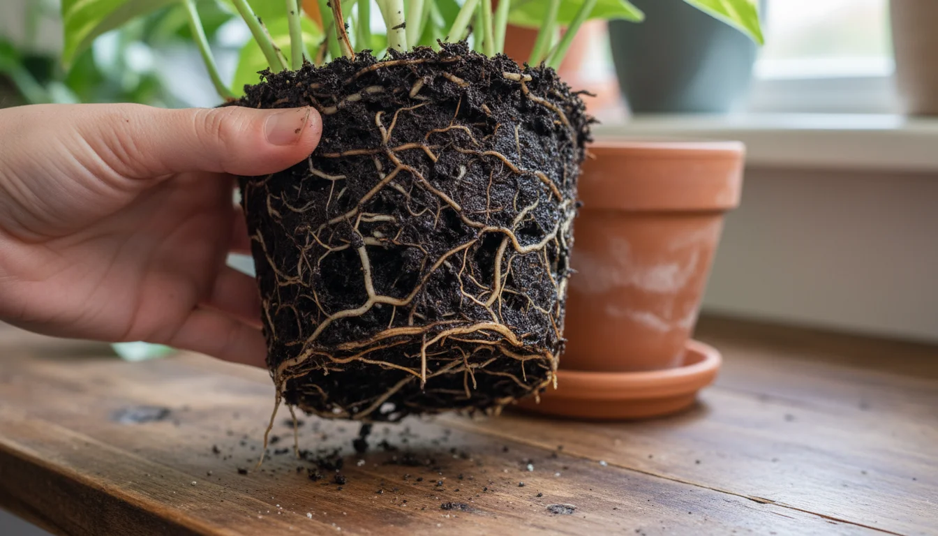 Close-up of a Pothos plant's root ball being lifted from its terracotta pot, showing dark, rotting roots among healthier ones.