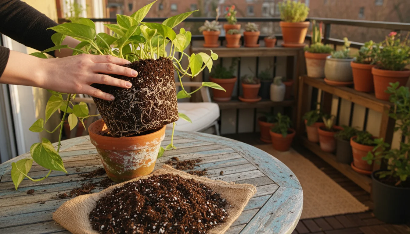 A Pothos plant with a root-bound ball of old, compacted soil lifted above an empty terracotta pot. Fresh potting mix is ready on a patio table.