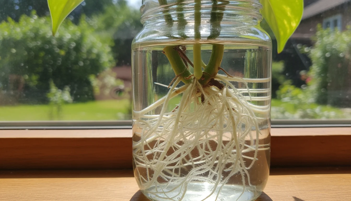 Close-up of Pothos plant roots clearly visible in a clear glass jar on a windowsill, with a subtle reflection of an eye.