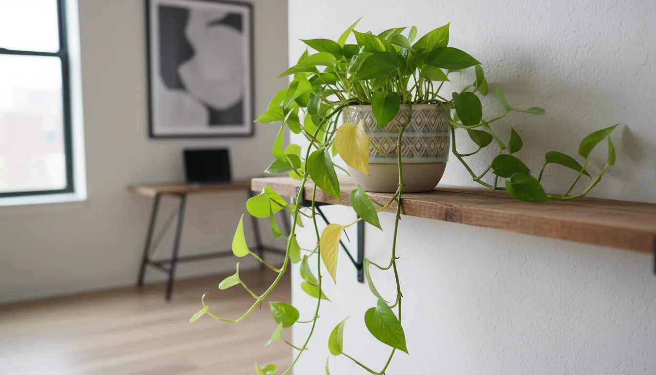A Pothos plant with some yellow lower leaves sits in a pot on a shelf, while a person's hand checks the soil.