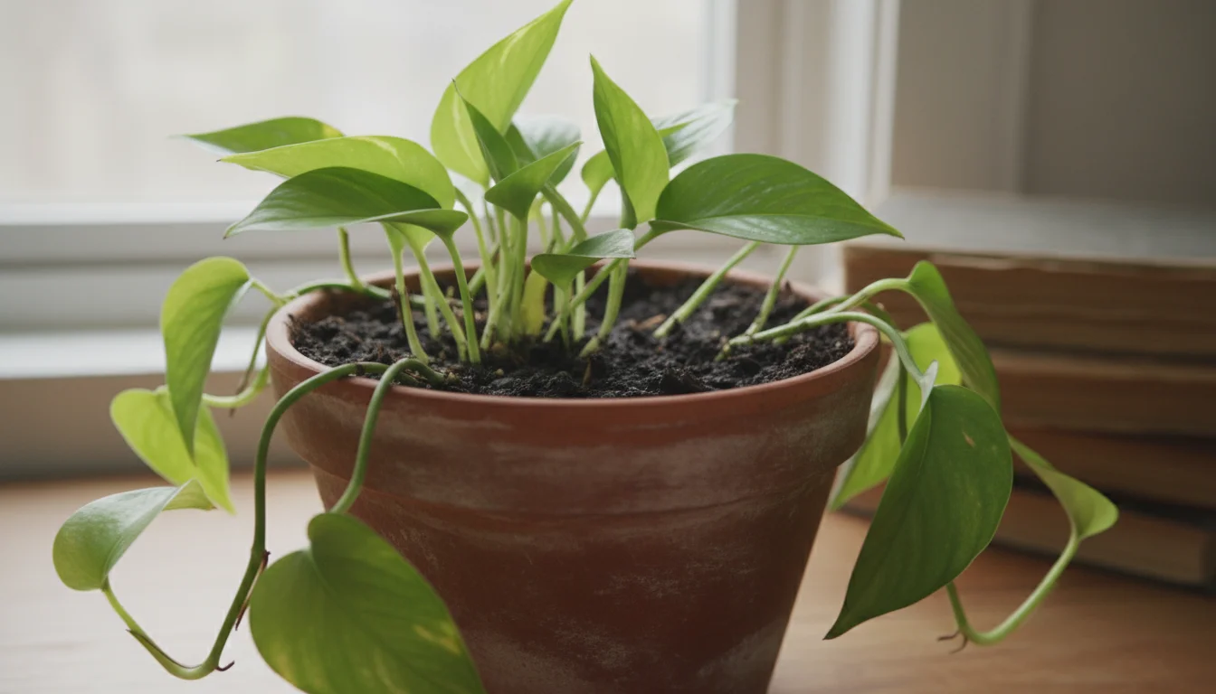 Medium close-up of a Pothos plant in a terracotta pot. Its soil is visibly damp, and lower leaves show subtle yellowing and a slight droop.