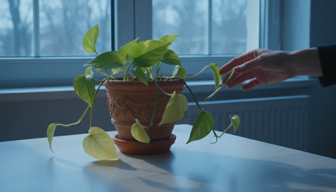 Pothos plant in terracotta pot with pale yellow leaves, bathed in weak winter light by a window. A hand touches a leaf.