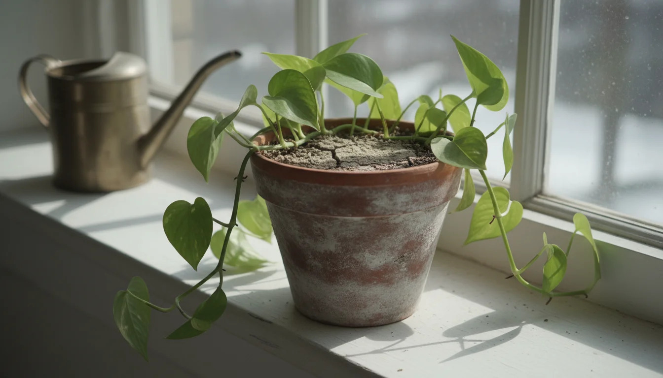 Pothos plant in a terracotta pot on a windowsill. The soil is dry and cracked, under cool winter light. A watering can is blurred in the background.
