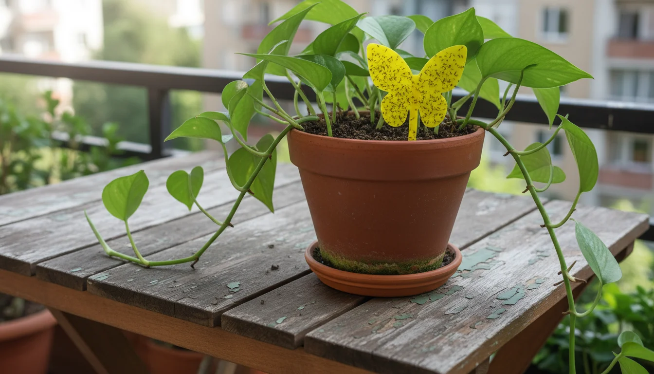 A Pothos plant in a terracotta pot with a yellow sticky trap covered in fungus gnats. The soil is dark, wet, and has a greenish algae layer.