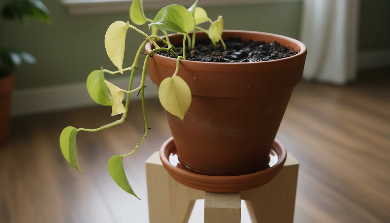 A Pothos plant in a terracotta pot showing yellowing leaves, sitting on a wooden stand with very wet, dark soil.