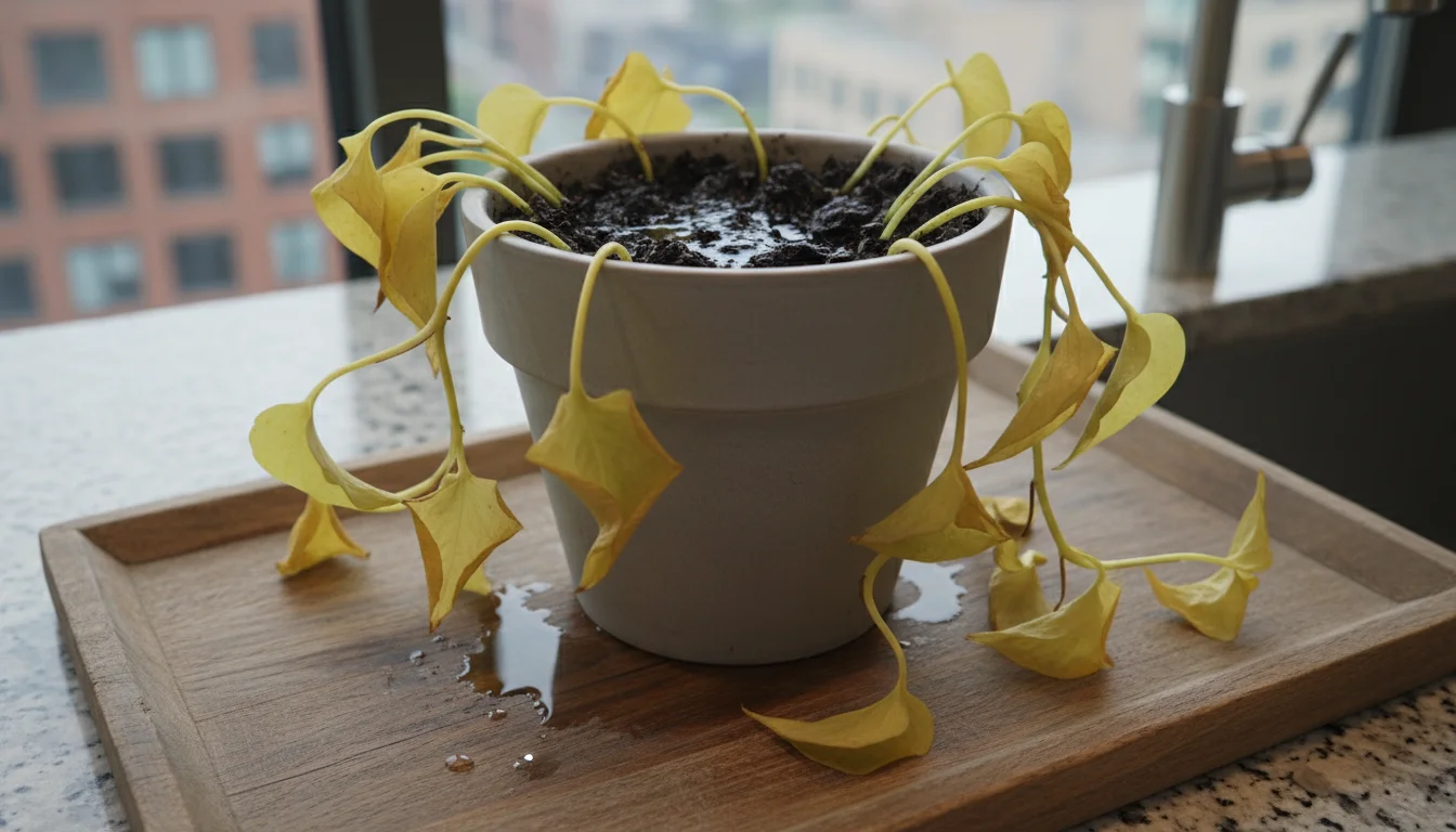 A Pothos plant with yellow, drooping leaves in a grey pot, sitting in visibly wet, dark soil on a wooden tray with water droplets.