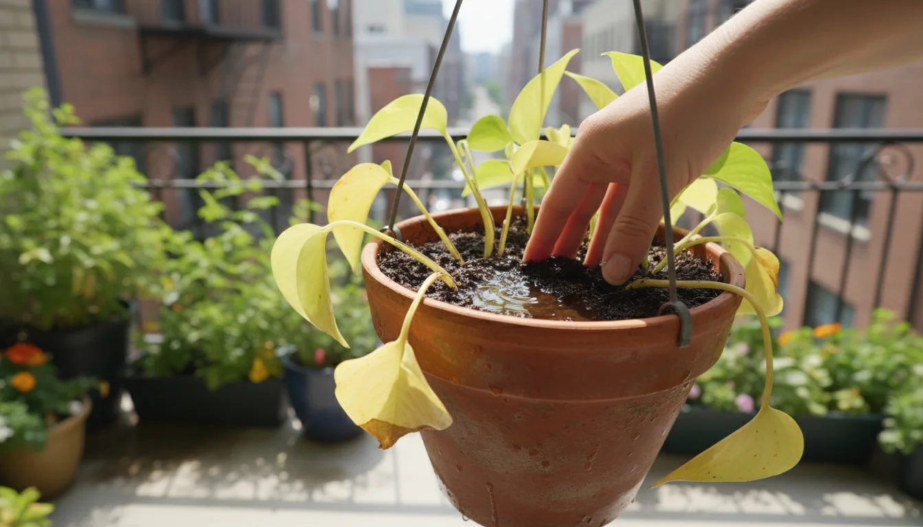 Pothos plant with yellow, droopy lower leaves in a hanging terracotta pot. A hand presses into saturated soil.