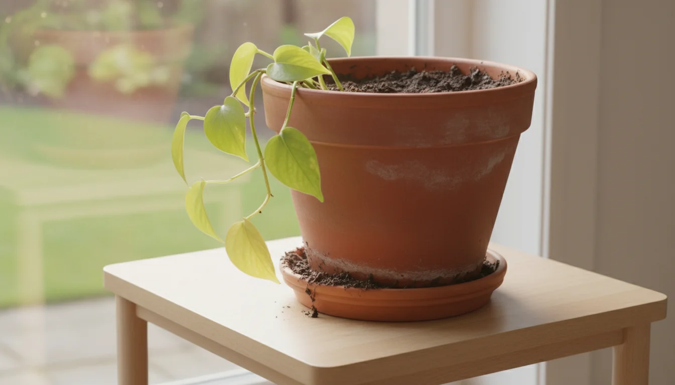 A Pothos plant with yellowing leaves looks unhappy in an oversized terracotta pot with damp, dense soil on a wooden table.
