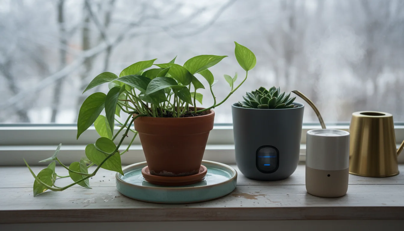 Pothos in terracotta pot bottom-watering in blue tray next to ZZ plant in grey self-watering pot on a windowsill.