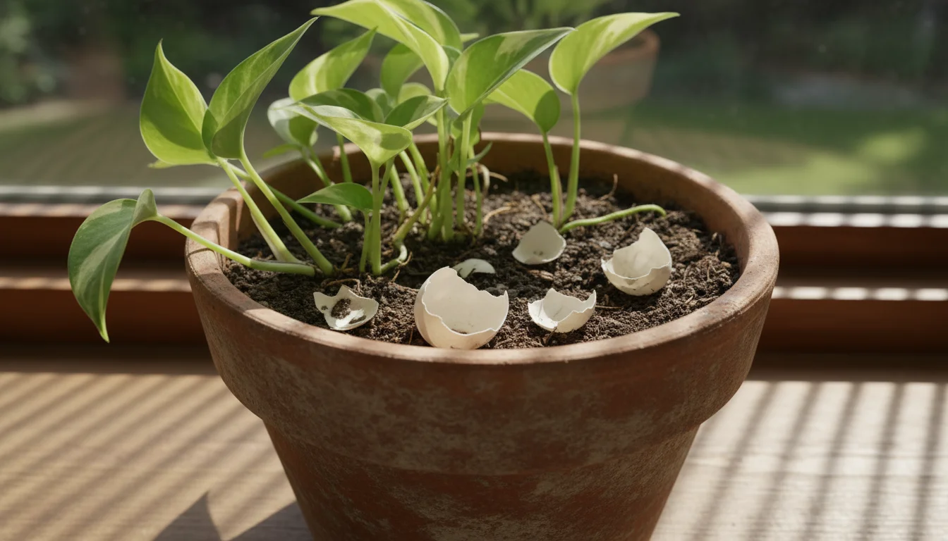 Close-up of a Pothos in a terracotta pot on a windowsill, with dry, undigested eggshell fragments visible on the potting mix surface.