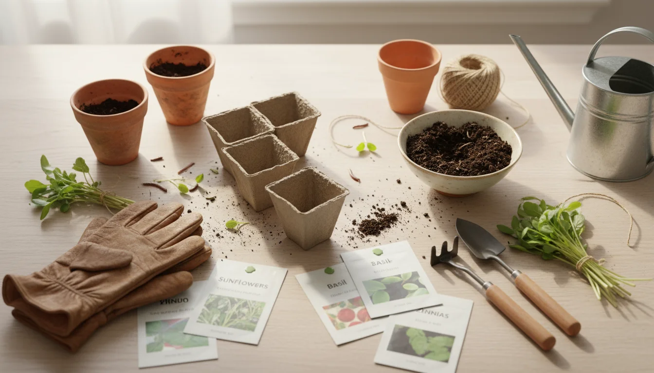 Overhead view: Pots, herbs, tactile plants, potting mix, trowel, watering can, decorative stones laid out for an indoor sensory garden.