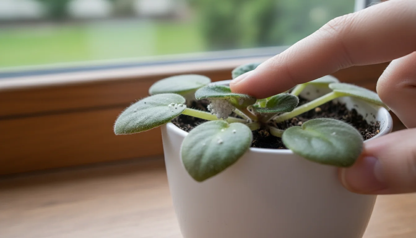 A potted African Violet with fuzzy white mealybug clusters on its leaves, a finger pointing to an infestation.