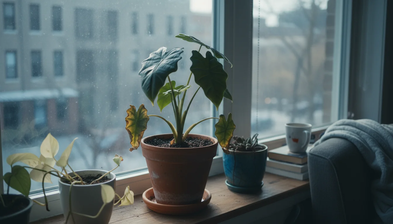 A potted Alocasia plant on a wooden windowsill with yellowing, browning leaves and damp soil, next to a shriveled succulent.