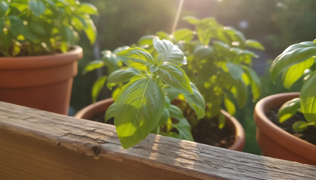 Potted basil plant on a balcony railing showing early signs of pest infestation: silver stippling, subtly curled leaves, and a glint of sticky honeyde