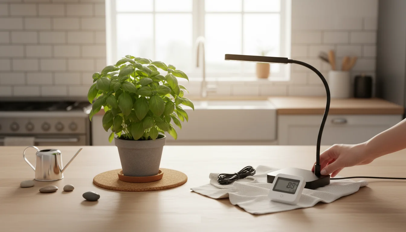Elevated view of a potted basil plant, unboxed minimalist LED grow light, and timer being arranged on a wooden kitchen island.