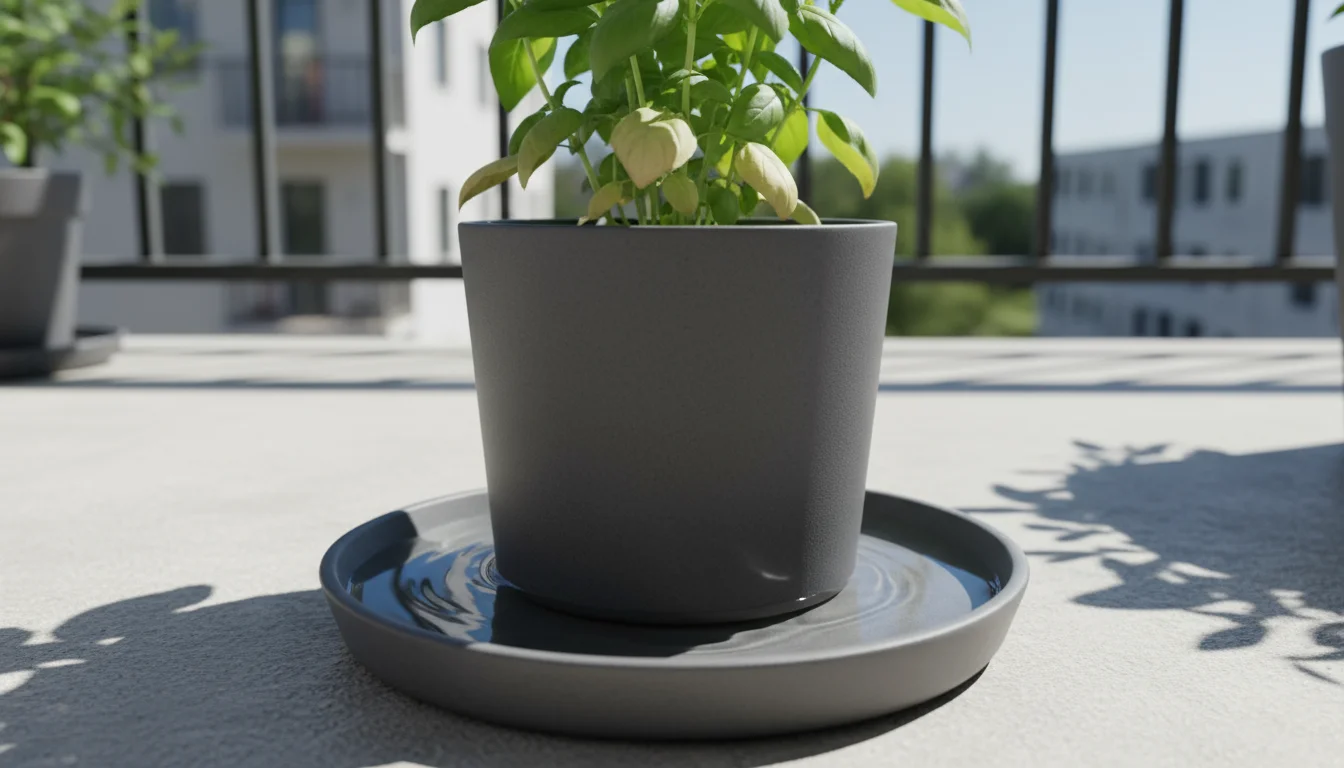 A potted basil plant with yellowing lower leaves sitting in a puddle of water in its saucer on a sunny balcony.