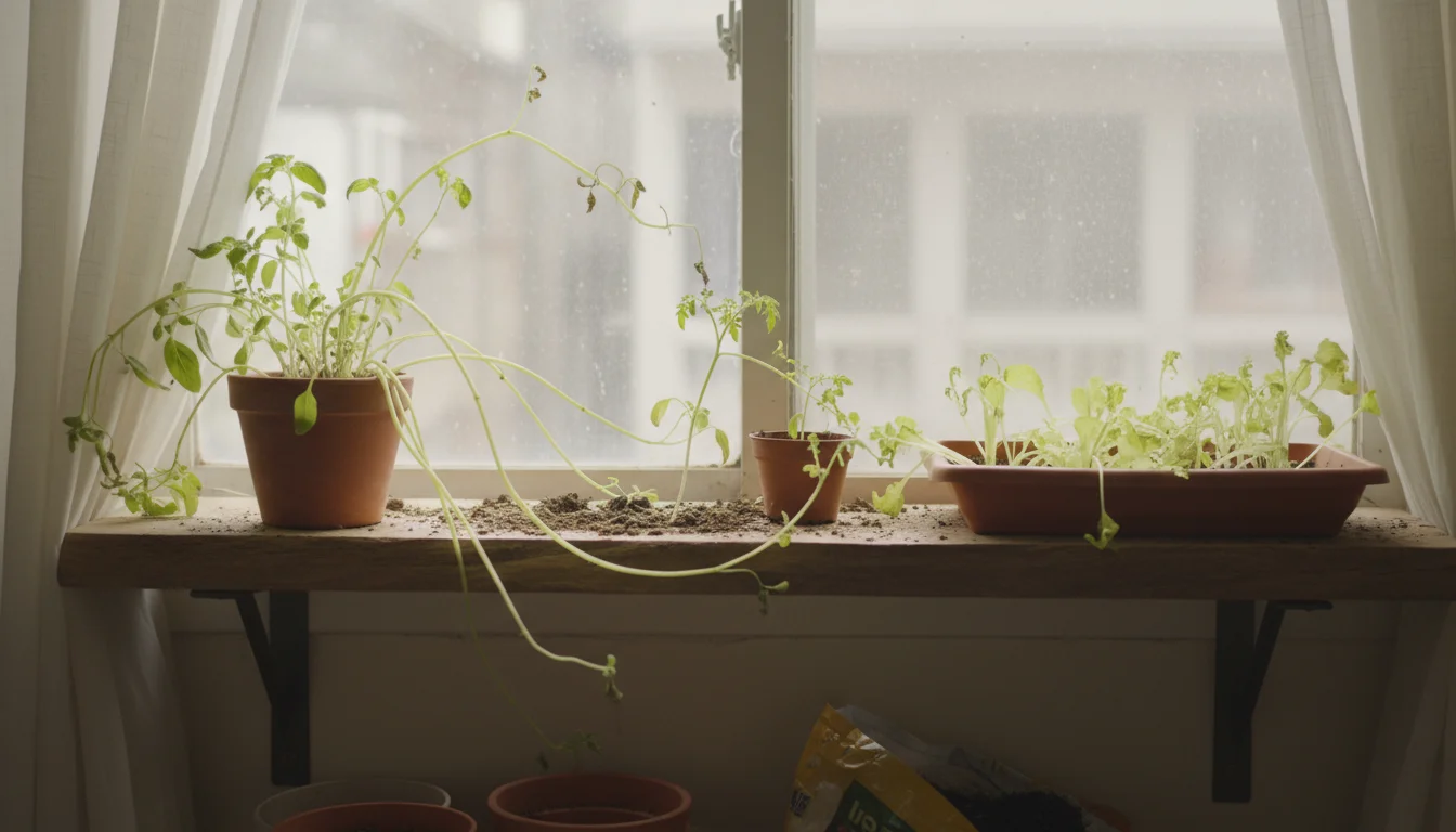Potted basil, tomato, and leafy greens on a shelf by a window, showing pale, leggy growth from insufficient indoor light.
