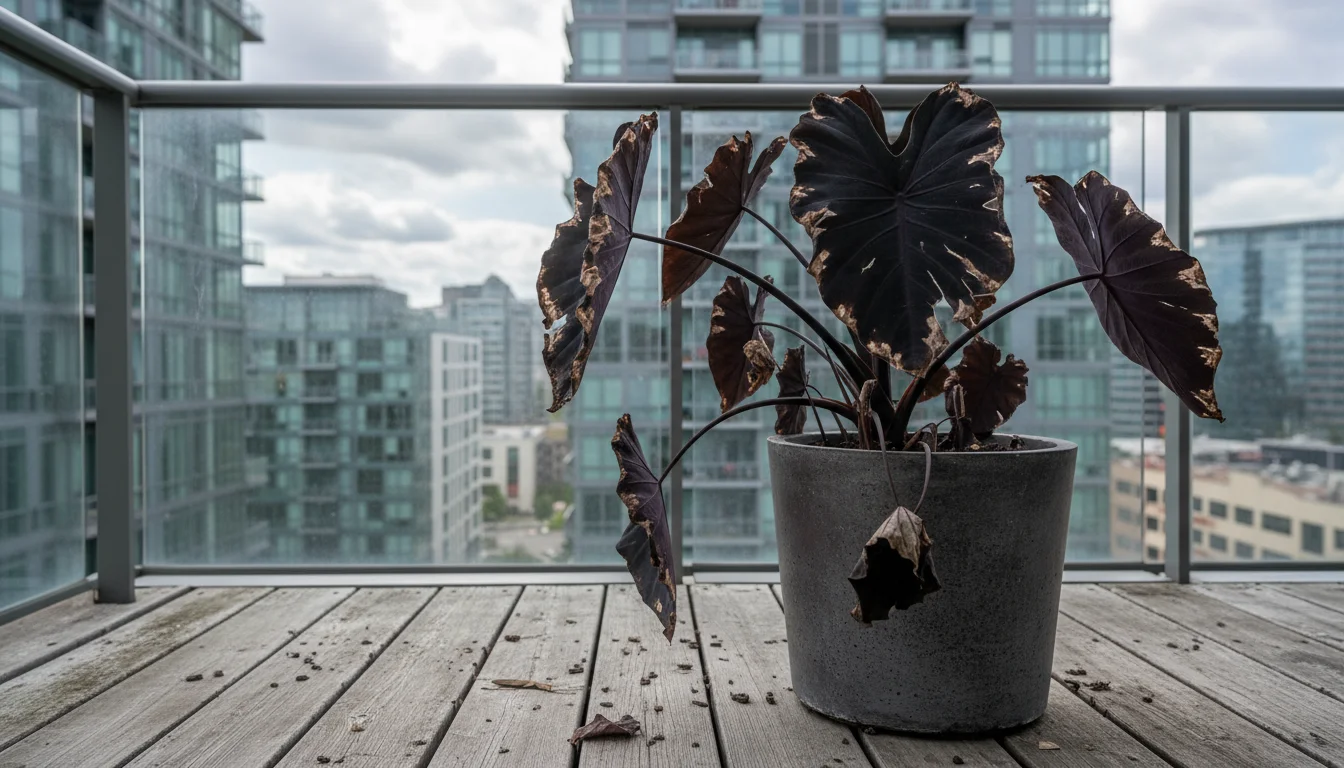 Close-up of a potted 'Black Magic' Elephant Ear plant on a balcony with several large, dark leaves visibly torn and creased from wind damage.