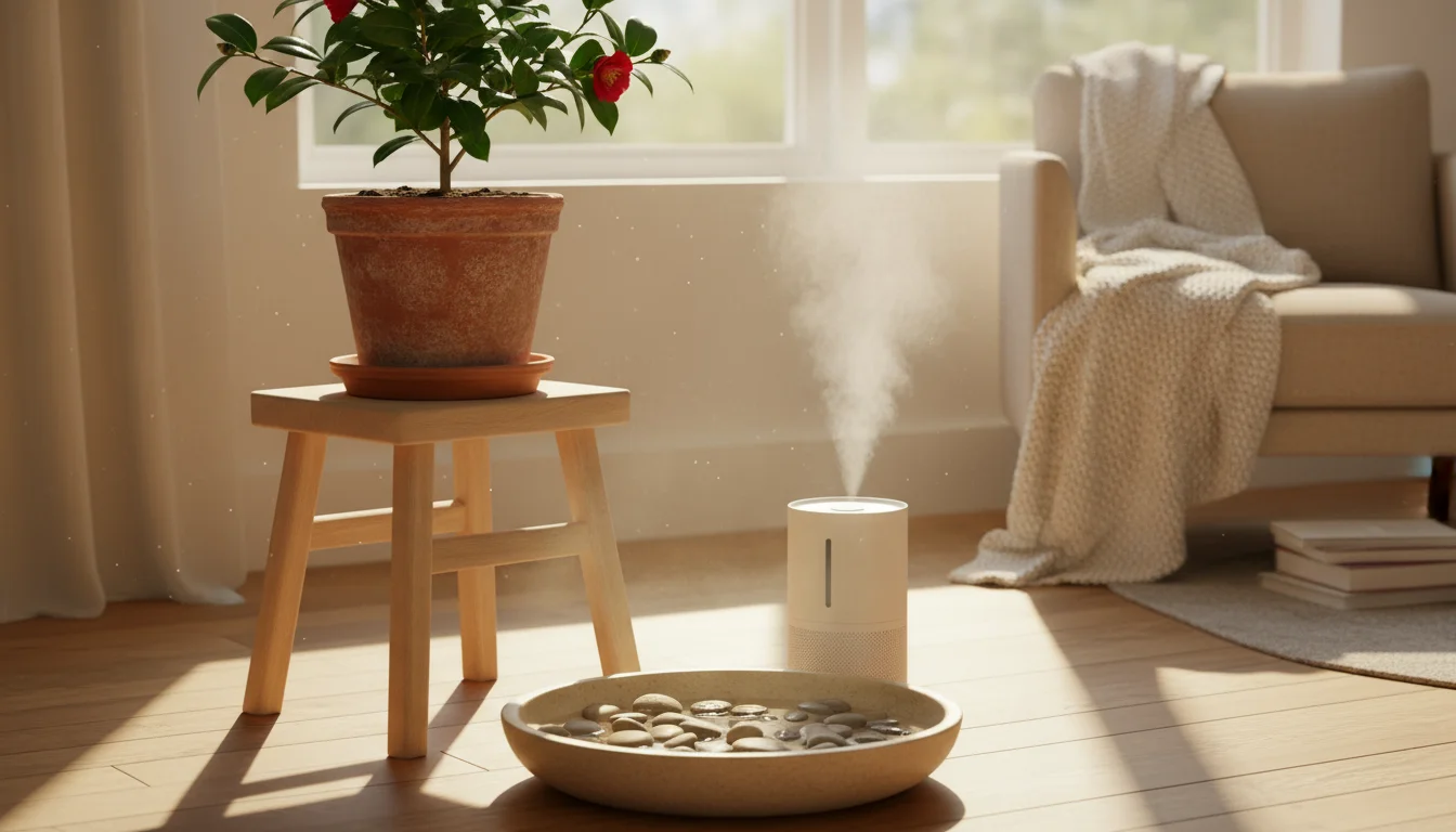 Potted Camellia sinensis on a pebble tray with a humidifier nearby in a sunlit indoor corner.