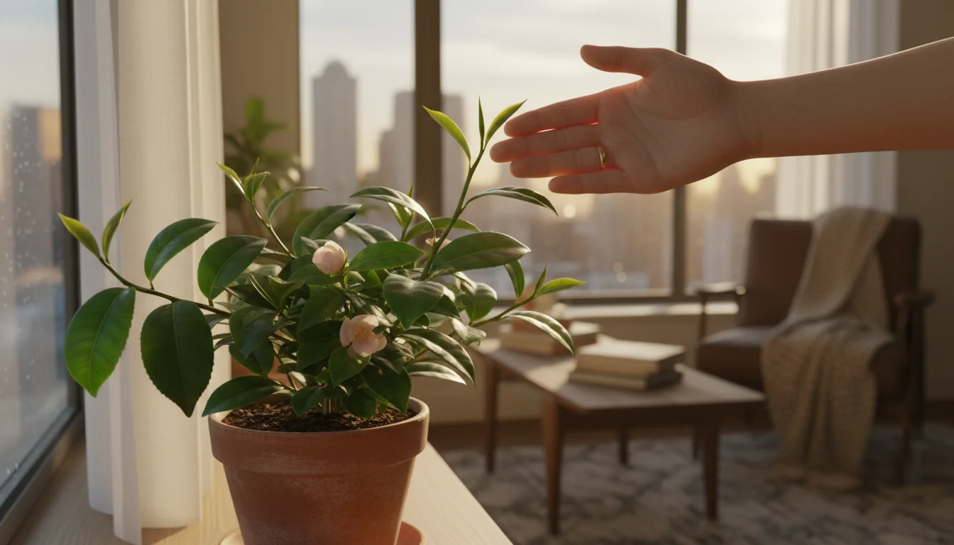 Potted Camellia sinensis plant on a sunlit windowsill, a hand gently touches a new tea shoot.