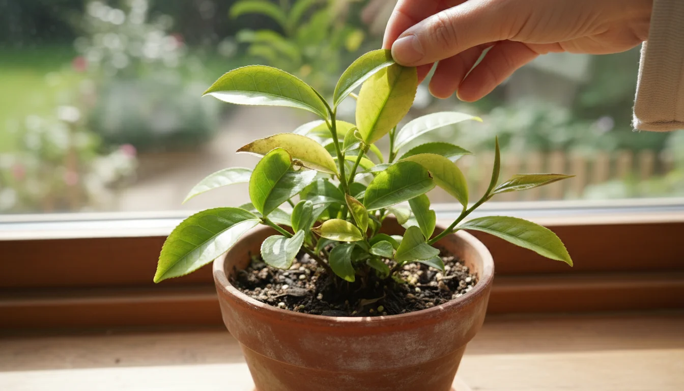 A potted Camellia sinensis plant on a windowsill shows pale yellow leaves with green veins and brown tips. A hand gently examines an affected leaf.